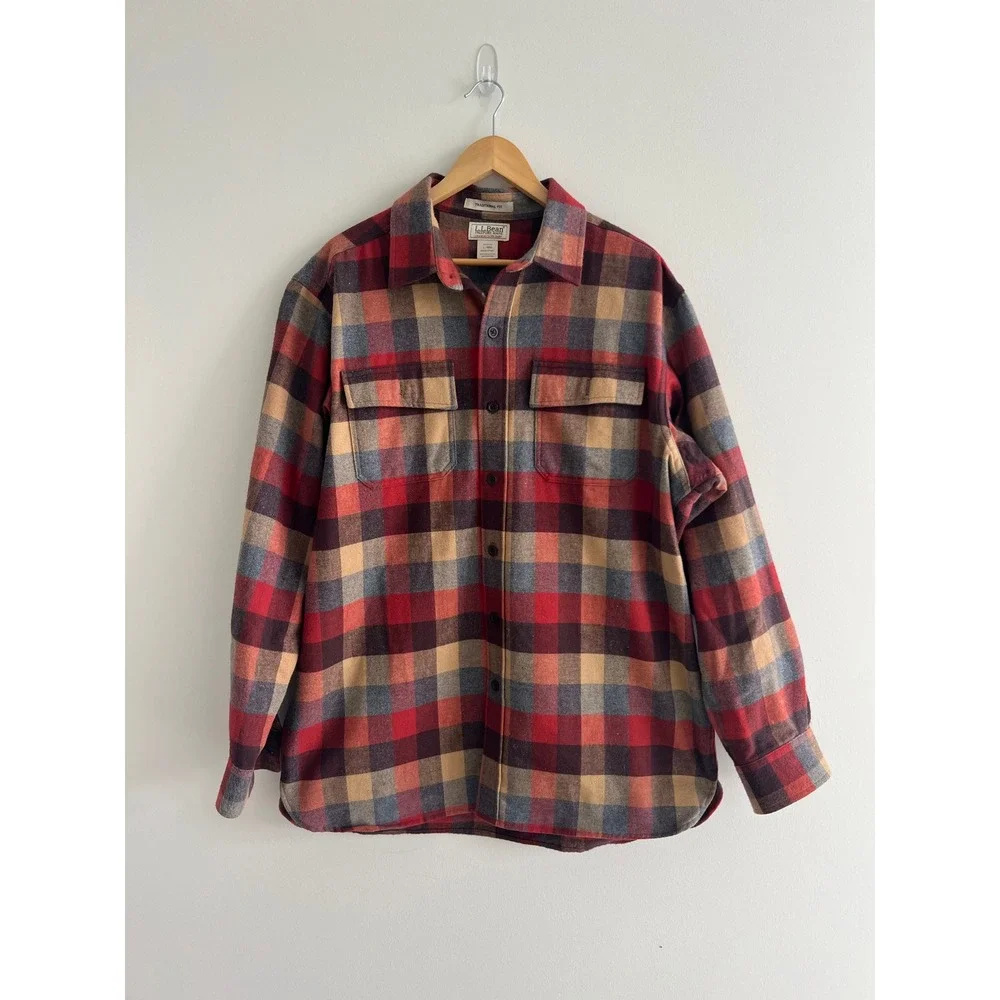 L.L. Bean Chamois Cloth Cotton Shirt Mens L Red Tan Plaid Traditional Fit 277981